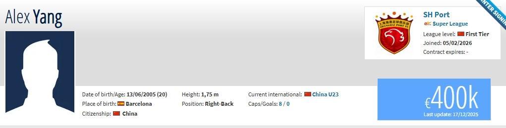 开云入口-德转:青岛西海岸20岁后卫杨希加盟上海海港